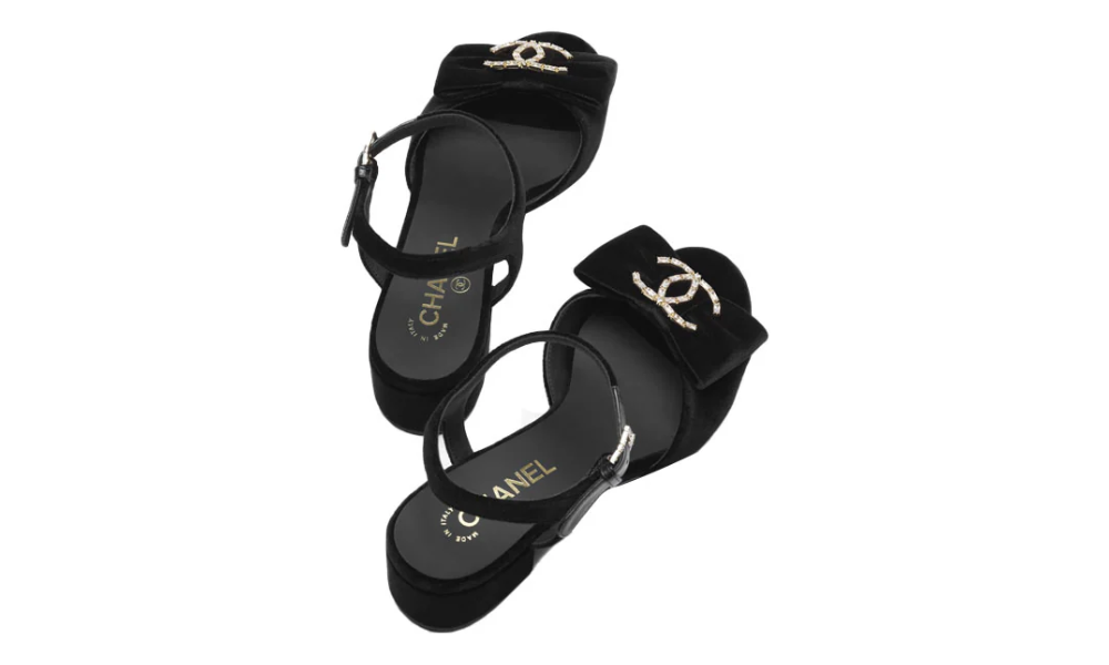 Chanel Sandals Velvet Strass Metal "Black"