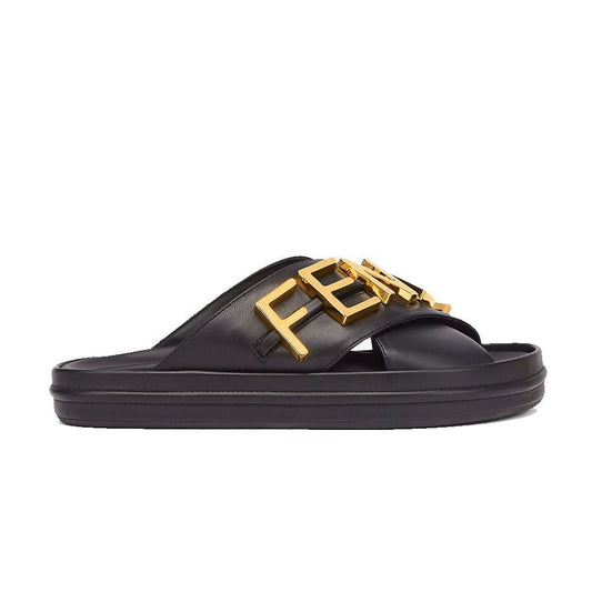 Fendigraphy Black leather slides - kickpit