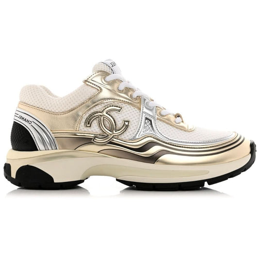 Chanel Fabric & Laminated White, Gold & Silver Low Top Sneakers - kickpit