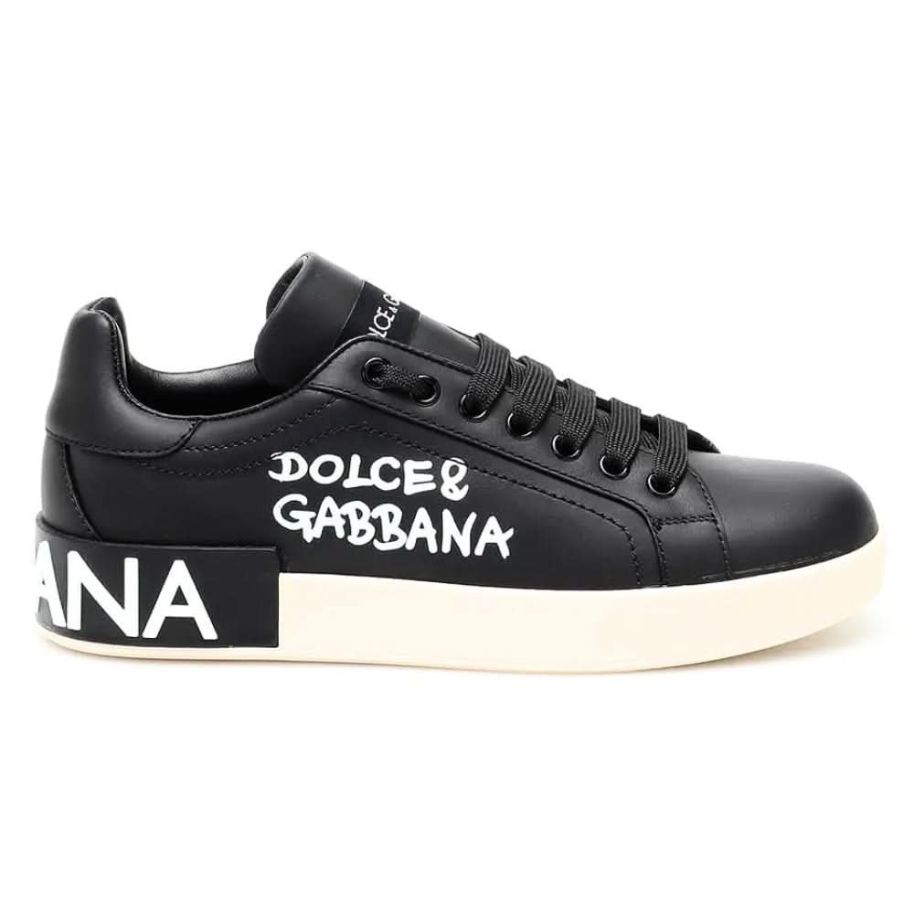 DOLCE & GABBANA Logo Print Leather Lace-up Trainers In Black - kickpit