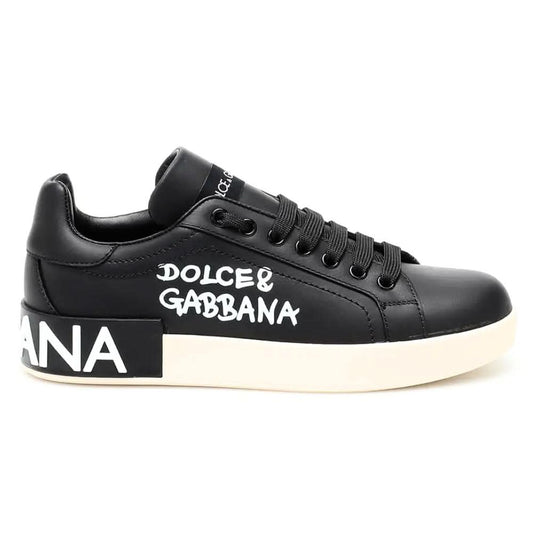 DOLCE & GABBANA Logo Print Leather Lace-up Trainers In Black - kickpit