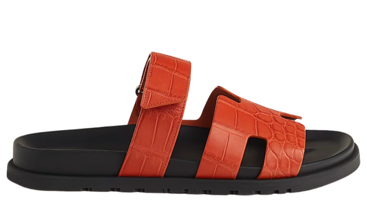Hermes Calfskin Sandals Crocodile Skin "Orange Nacarat"