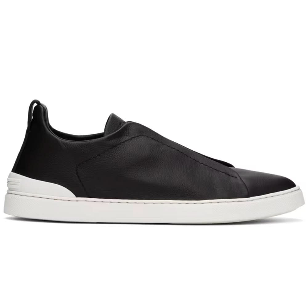 ZEGNA Black Leather Triple Stitch Sneakers - kickpit