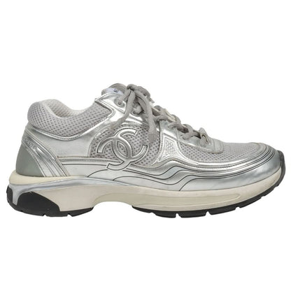 Chanel Fabric & Laminated Light Gray & Silvered Low Top Sneakers - kickpit