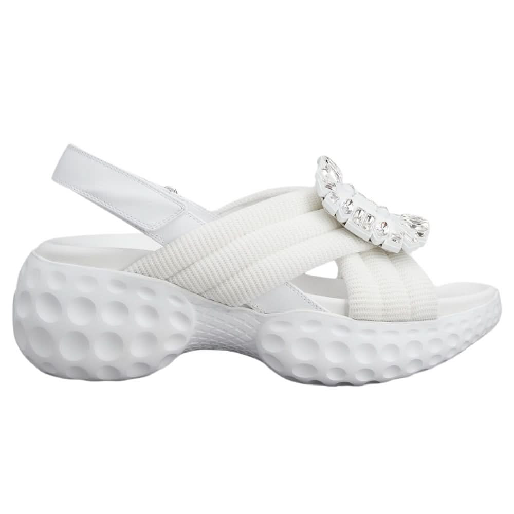 Roger Vivier Viv' Run Light Strass Buckle Sandals in Fabric 'White' - kickpit