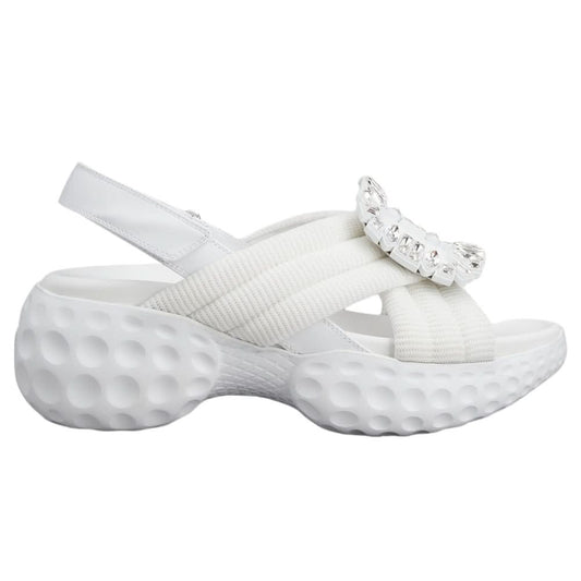 Roger Vivier Viv' Run Light Strass Buckle Sandals in Fabric 'White' - kickpit