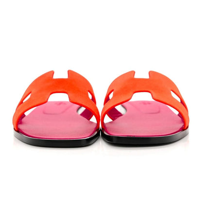 HERMES Suede Goatskin Oran Sandals 40 Orange Synthetique - kickpit