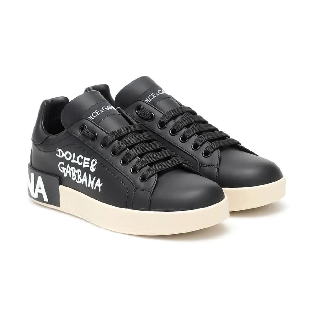 DOLCE & GABBANA Logo Print Leather Lace-up Trainers In Black - kickpit