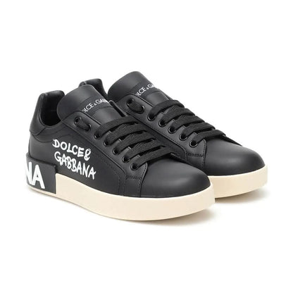 DOLCE & GABBANA Logo Print Leather Lace-up Trainers In Black - kickpit