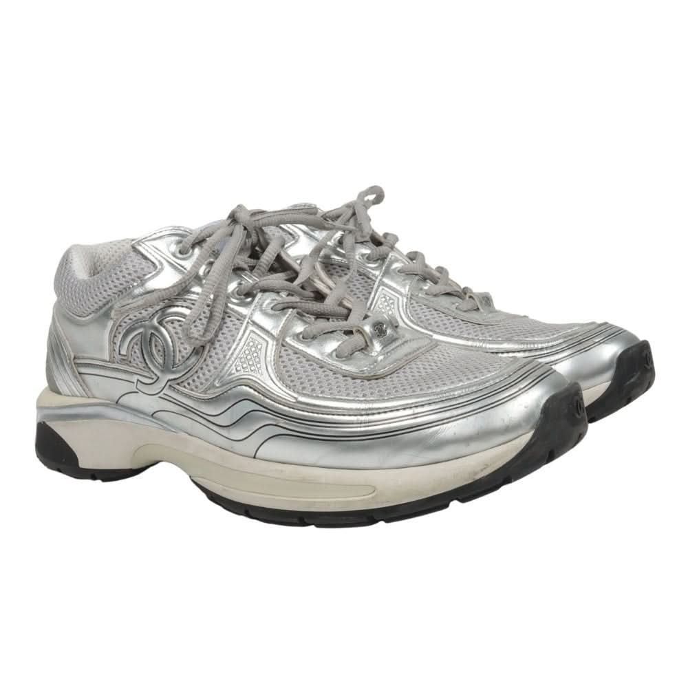 Chanel Fabric & Laminated Light Gray & Silvered Low Top Sneakers - kickpit