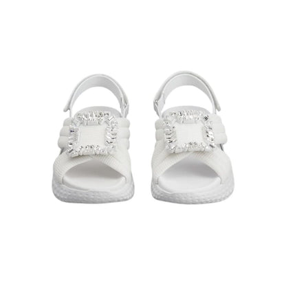 Roger Vivier Viv' Run Light Strass Buckle Sandals in Fabric 'White' - kickpit