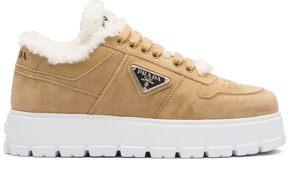 Prada Shearling-trim Flatform Sneakers "Brown"
