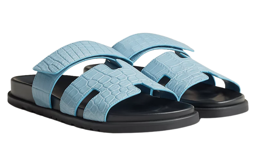 Hermes Calfskin Sandals Crocodile Skin "Bleu Cameo"