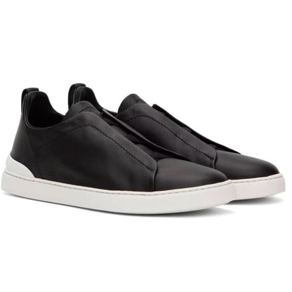 ZEGNA Black Leather Triple Stitch Sneakers - kickpit