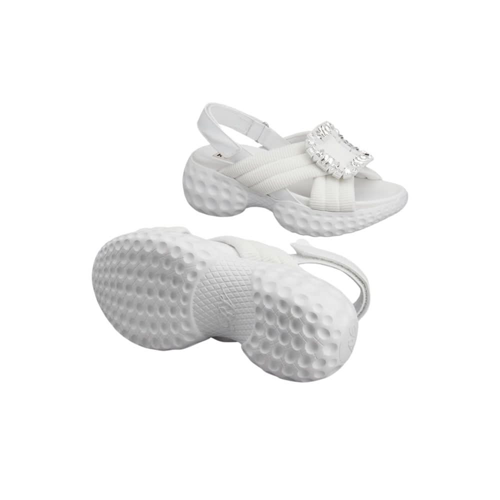 Roger Vivier Viv' Run Light Strass Buckle Sandals in Fabric 'White' - kickpit