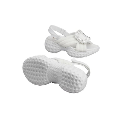 Roger Vivier Viv' Run Light Strass Buckle Sandals in Fabric 'White' - kickpit