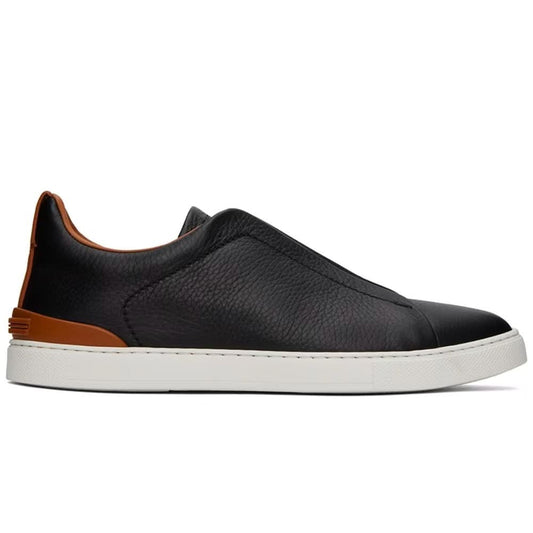 ZEGNA Black & Brown Deerskin Triple Stitch Sneakers - kickpit