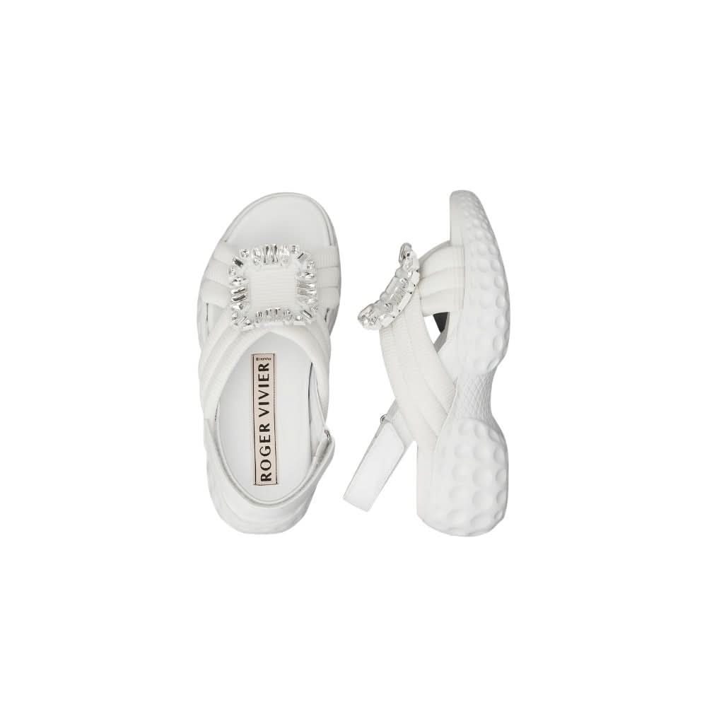 Roger Vivier Viv' Run Light Strass Buckle Sandals in Fabric 'White' - kickpit