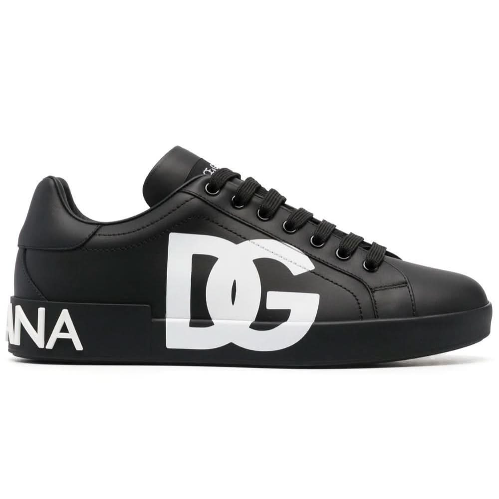 DOLCE & GABBANA Logo Print Leather Lace-up Trainers In Black - kickpit