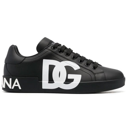 DOLCE & GABBANA Logo Print Leather Lace-up Trainers In Black - kickpit