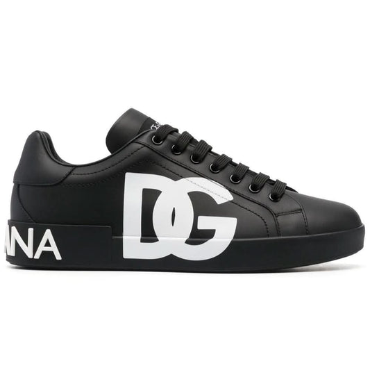 DOLCE & GABBANA Logo Print Leather Lace-up Trainers In Black - kickpit