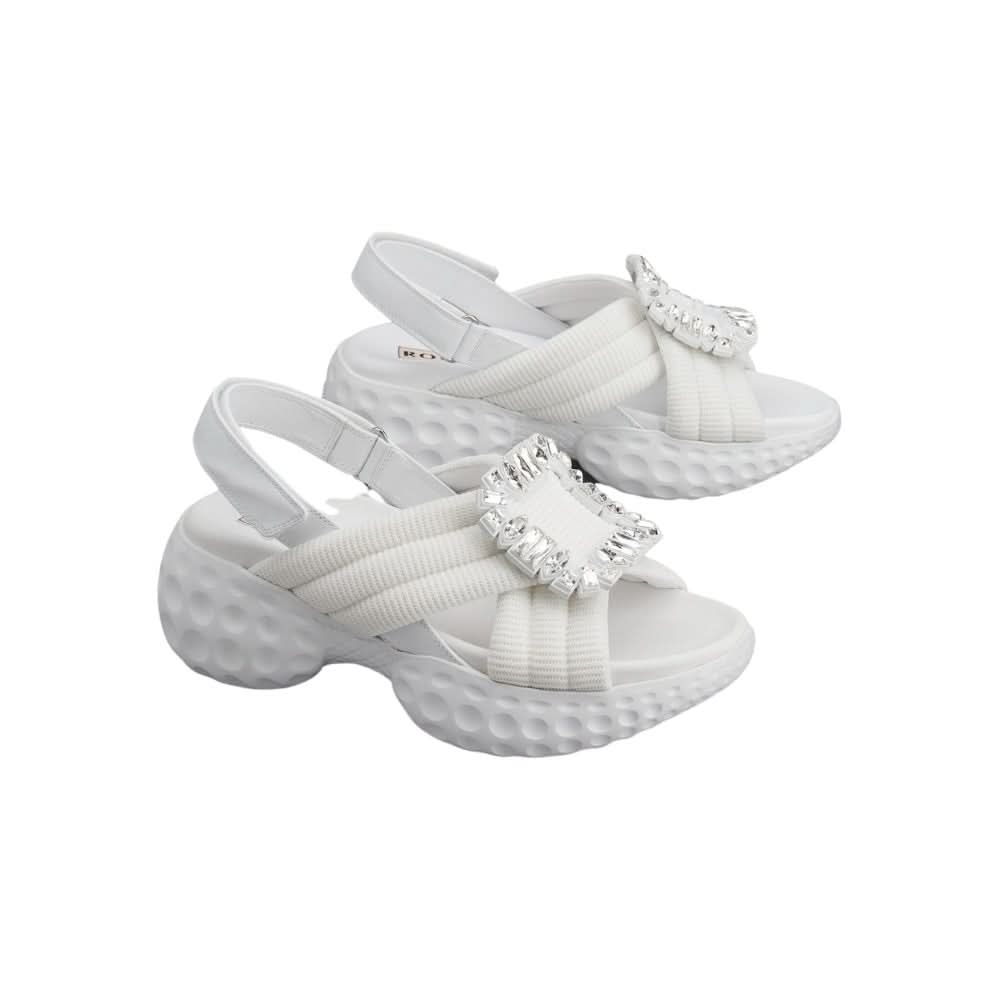 Roger Vivier Viv' Run Light Strass Buckle Sandals in Fabric 'White' - kickpit