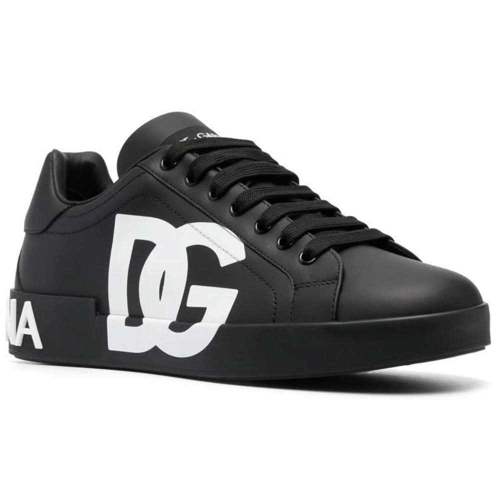 DOLCE & GABBANA Logo Print Leather Lace-up Trainers In Black - kickpit
