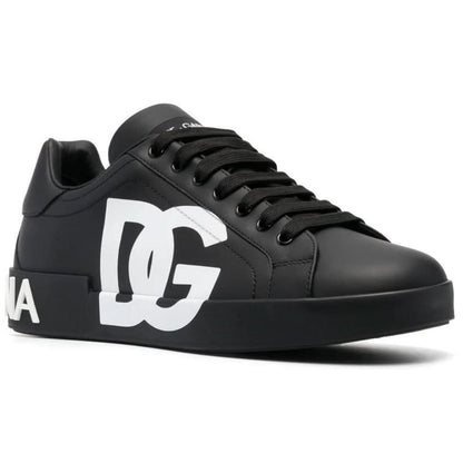 DOLCE & GABBANA Logo Print Leather Lace-up Trainers In Black - kickpit