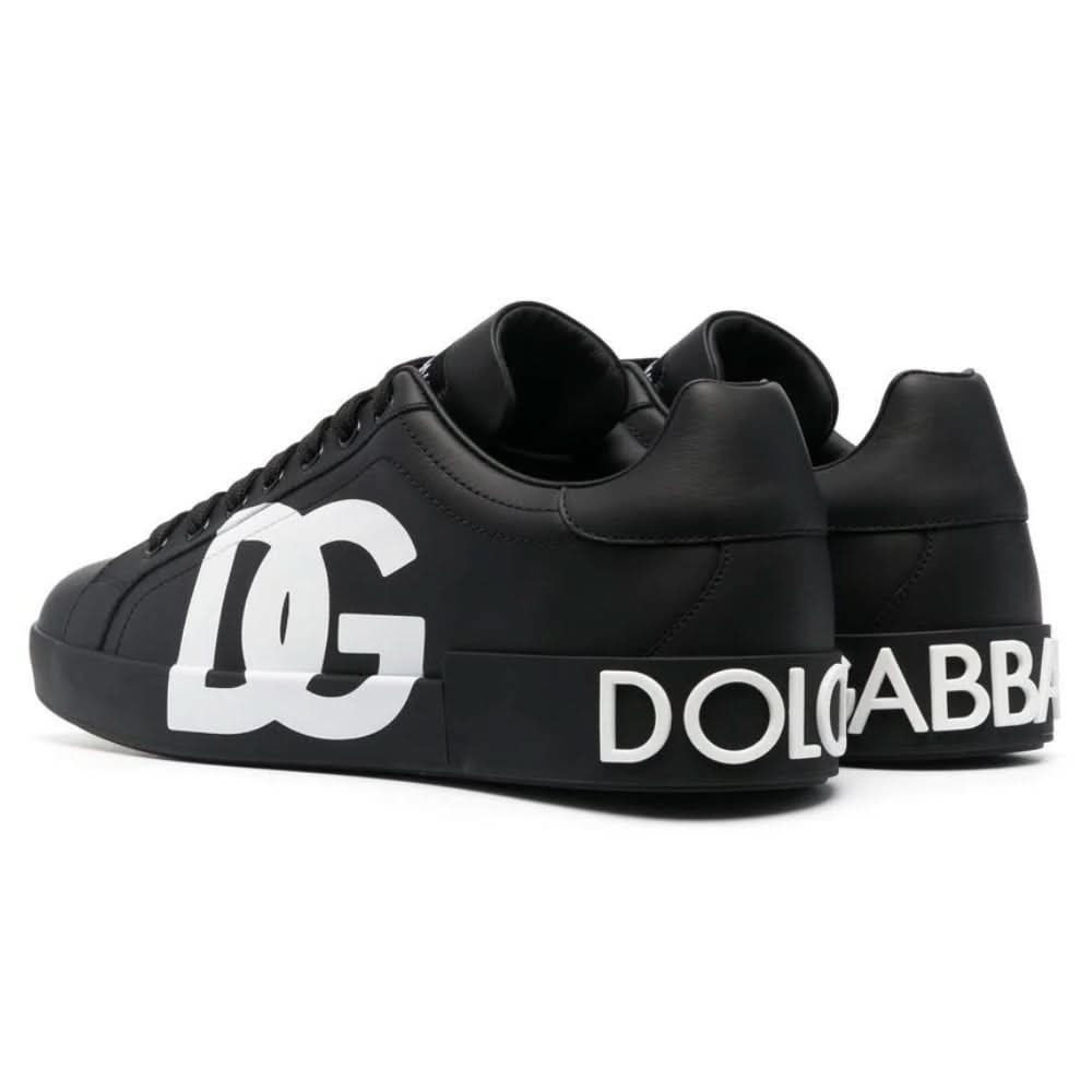 DOLCE & GABBANA Logo Print Leather Lace-up Trainers In Black - kickpit