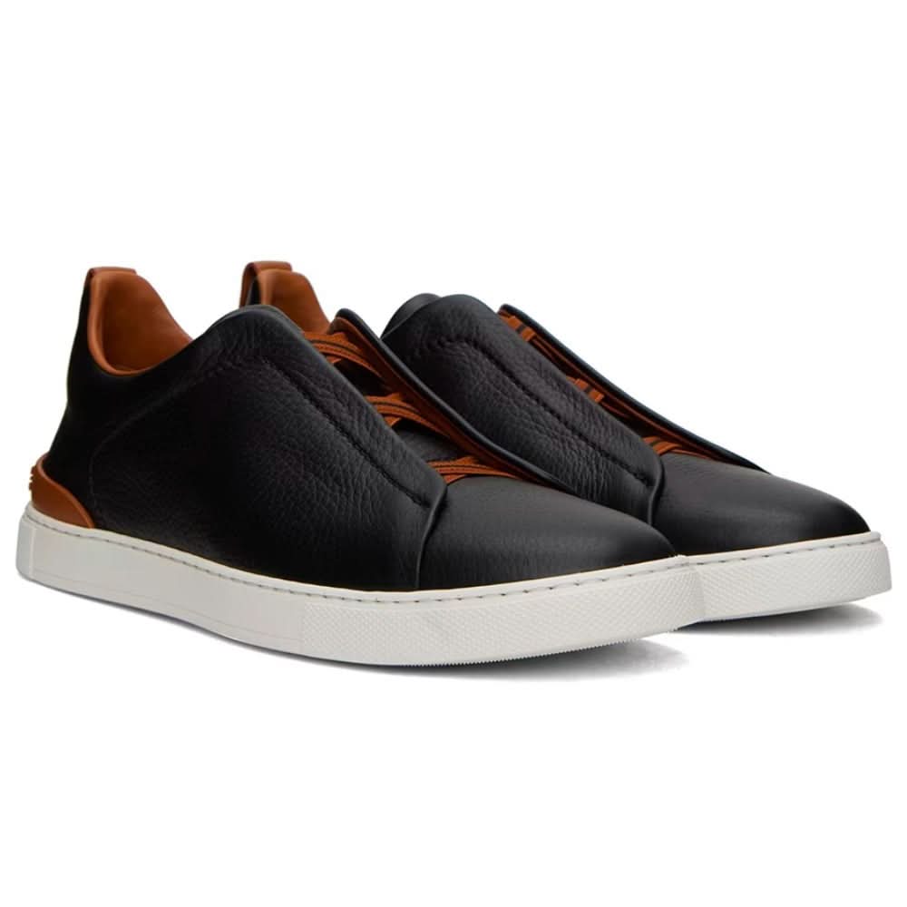 ZEGNA Black & Brown Deerskin Triple Stitch Sneakers - kickpit